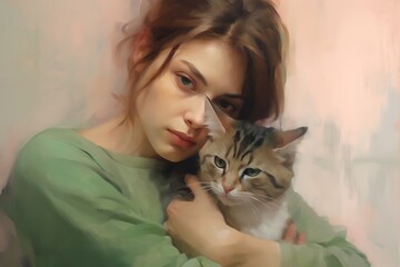 Portrait of a beautiful girl with a cat in her arms ai generated