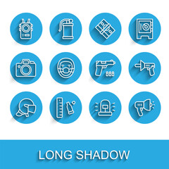 Set line Police helmet, Bullet casing with ruler, body camera, Flasher siren, megaphone, Doctor pathologist, and Pistol gun icon. Vector
