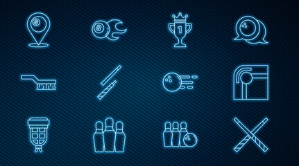 Set line Crossed billiard cues, Billiard table, Award cup, Pool brush, Location with ball, Bowling and icon. Vector