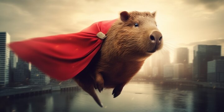 Super hero capybara with red cape. AI generative illustration.