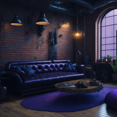 Industrial Style Interior living Room Steampunk Style Dark Neon Tube Lights Metal Pipes Large Leather Sofa Generative Ai