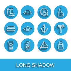 Set line Sunscreen cream in tube, Please do not disturb, Calendar and airplane, Yacht sailboat, Whiskey bottle, Elegant women hat, Tropical palm tree and Anchor icon. Vector