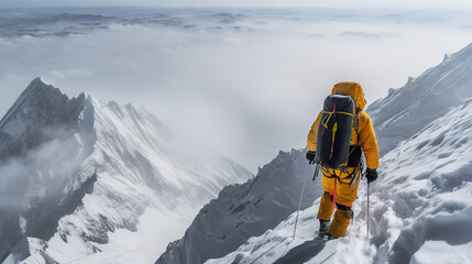 Aerial photography of hiker climbing during blizzard in Himalayas. Hiker at a snowy ben nevis in winter. Realistic 3D illustration. Generative AI