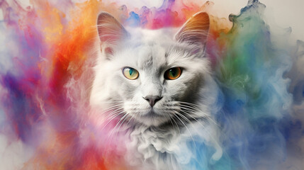 Front face of a cat completely made up of colorful smoke, universe background. IA generative.