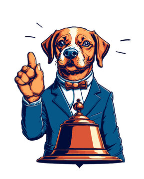 Isolated Funny Hilarious Illustration Of A Dapper Dog In A Stylish Suit Posing Beside A Massive Bell.
