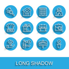 Set line Donation hand with money, Reception of glass bottles, Search house, food, Trash can, Work search and Bench icon. Vector