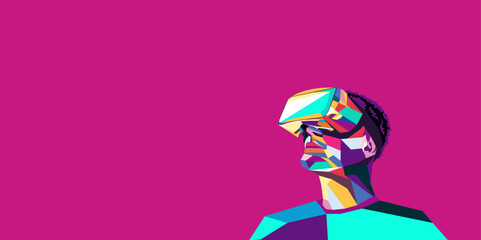 Vector illustration of a man wearing virtual reality glasses. The concept of modern technology. In modern art style.