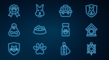 Set line Turtle, Dog house, Pet carry case, food bowl for cat or dog, collar with bone, award symbol, Medicine bottle and pills and icon. Vector