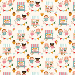 Vintage floral pattern with kids, showcase with flowers, colored flags and ice cream in mint, beige and pink colors. Great for yummy summer dessert wallpaper, backgrounds, packaging, fabric, scrapbook