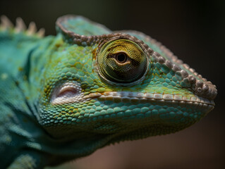 close up of a green exotic chameleon in the wildness
