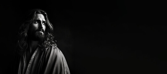 Fototapeta na wymiar Black and white photorealistic studio portrait of Jesus Christ on black background. Generative AI illustration