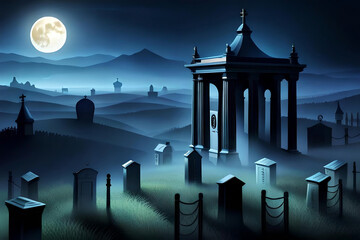 a moonlit graveyard scene with tombstones, ghostly apparitions, and flickering lanterns, set against a deep blue background