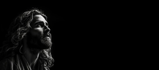 Black and white photorealistic studio portrait of Jesus Christ on black background. Generative AI illustration