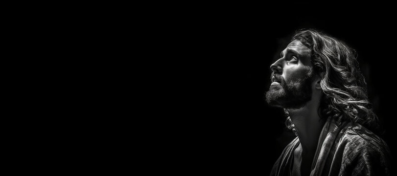 Black and white photorealistic studio portrait of Jesus Christ on black background. Generative AI illustration