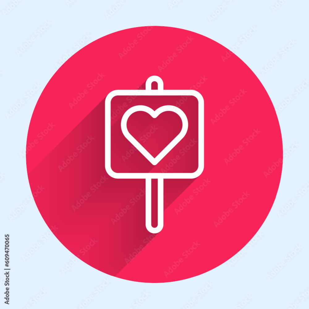 Poster white line map pointer with heart icon isolated with long shadow. valentines day. love location. rom