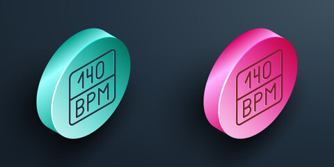 Isometric line Bitrate icon isolated on black background. Music speed. Sound quality. Turquoise and pink circle button. Vector