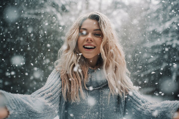 Young blonde woman enjoying winter snowflakes in a joyful outdoor moment. Generative AI