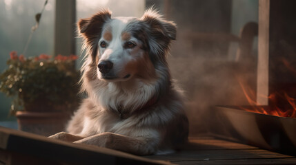 Portrait of a beautiful brown and white domestic australian shepherd dog posing in nature. A dog laying in the grass. Realistic 3D illustration. Generative AI - obrazy, fototapety, plakaty