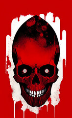 Elongated skull art poster design red border on white.