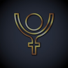 Gold line Ancient astrological symbol of Pluto icon isolated on black background. Astrology planet. Zodiac and astrology sign. Vector © Vadim