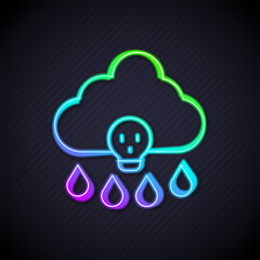 Glowing neon line Acid rain and radioactive cloud icon isolated on black background. Effects of toxic air pollution on the environment. Vector