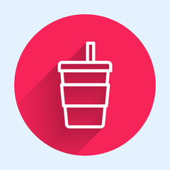 White line Paper glass with drinking straw and water icon isolated with long shadow background. Soda drink glass. Fresh cold beverage symbol. Red circle button. Vector