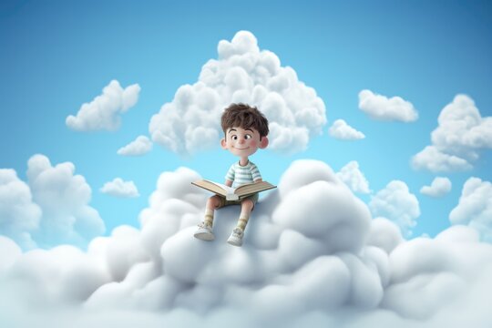 Peaceful image of a kid reading on a giant white cloud like a book on a light background. Generative AI