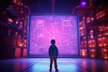 Obraz premium A child is standing in front of artificial intelligence in 80s style. Generative AI
