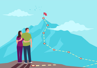 Couple looking up at the top of a mountain with a route map