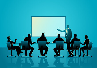 Business person giving a presentation in front of a board of directors