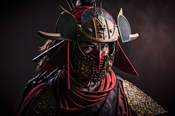 The mighty samurai warrior of ancient japan, with his towering red armor - obrazy, fototapety, plakaty