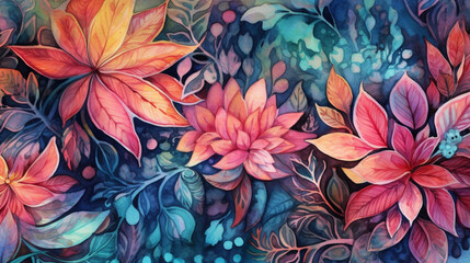Background of leaves and flowers in watercolor. IA generative.