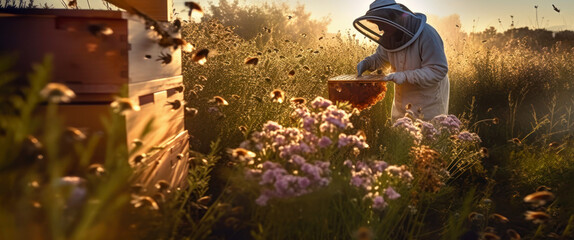 Man beekeeper, wearing protective suit, looking happy, sun lit meadow with flying bees around. Generative AI - obrazy, fototapety, plakaty