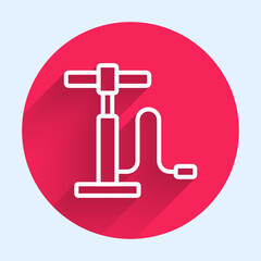 White line Car air pump icon isolated with long shadow background. Red circle button. Vector