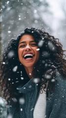 Young Indian woman enjoying winter snowflakes in a joyful outdoor moment. Generative AI
