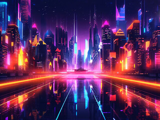 Futuristic city at night with neon lights.