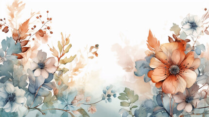 Background of leaves and flowers in watercolor. IA generative.