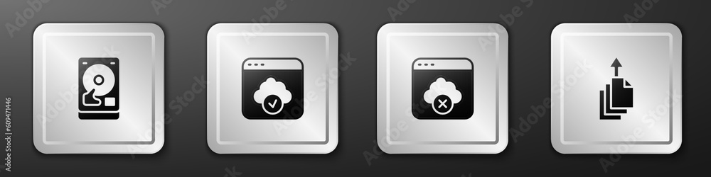 Poster set hard disk drive hdd, cloud technology data transfer, failed access cloud storage and data export