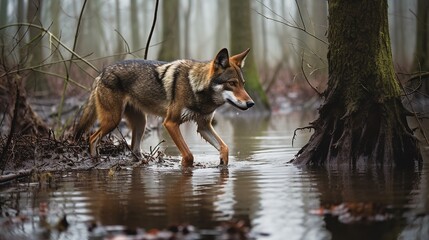 Obraz premium Red Wolf's Patrol in the American Swamp Land