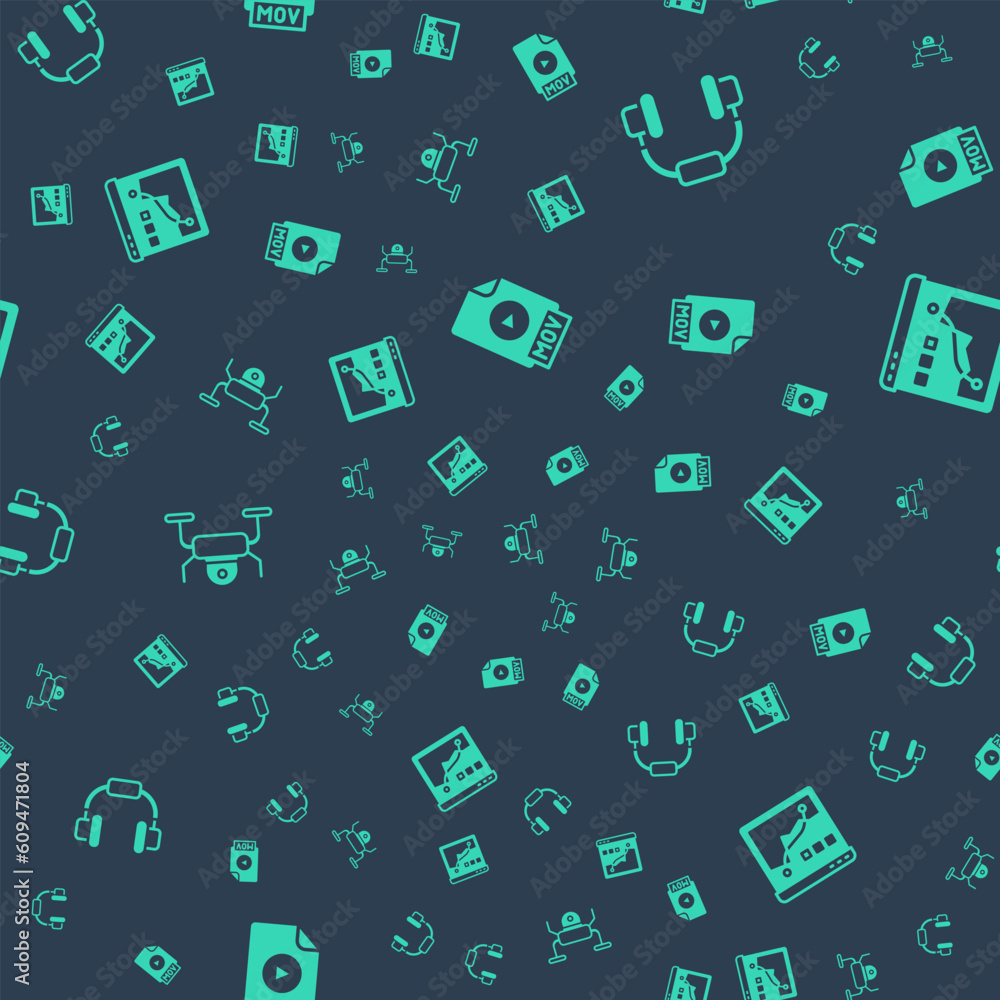 Poster set mov file document, headphones, drone flying and histogram graph photography on seamless pattern.