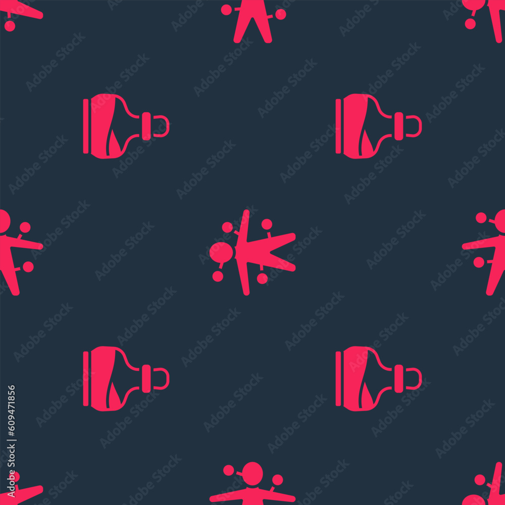 Poster set bottle with potion and voodoo doll on seamless pattern. vector