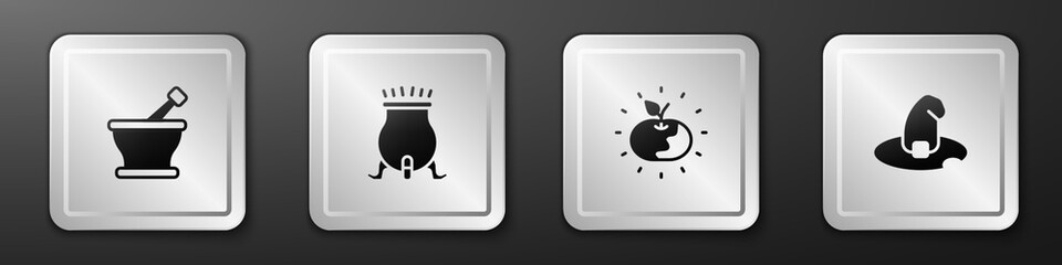 Set Mortar and pestle, Witch cauldron, Poison apple and hat icon. Silver square button. Vector