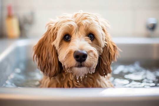 An image featuring a well-groomed dog being gently washed in a stylish bathtub, showcasing a luxurious and relaxing pet spa experience. Generative Ai
