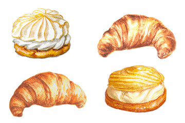 Watercolor croissant and sweet bakery collection. generative ai