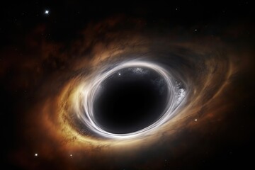 Solar System. 3D rendering, A black hole with glowing nebulous clouds swirling around it in deep space, AI Generated