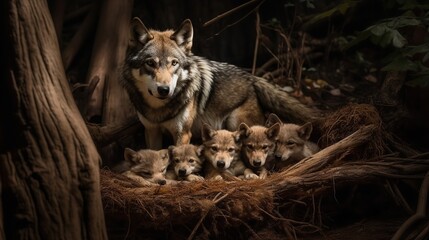 Wolf Pack's Tender Moment with Newborn Pups