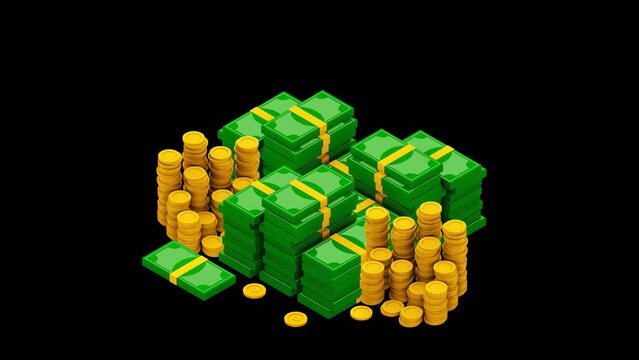Investment Growth. A lot of money and gold coins. 3d Isometric. Alpha channel.