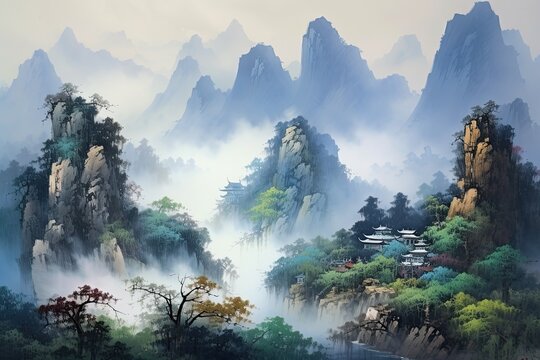Mountain landscape with fog in Huangshan National Park, China, A blue mountain painting capturing a beautiful landscape, handcrafted with meticulous brushstrokes. AI Generated