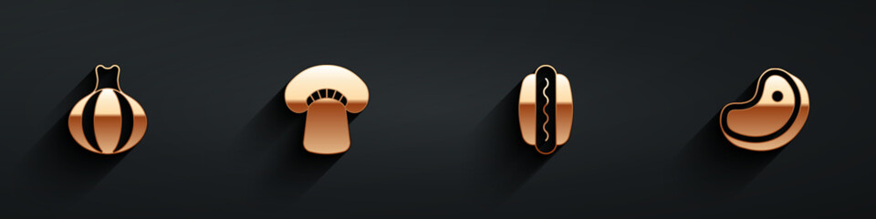 Set Onion, Mushroom, Hotdog and Steak meat icon with long shadow. Vector