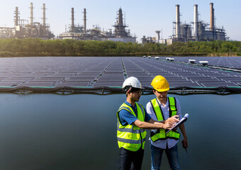 Engineer working setup Floating solar panels or solar cell Platform system on the lake. Engineer or...